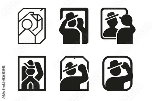 Hat Mirror Icons. Trying on a hat in a mirror. Icon set. Set Logo of trying on a hat: side mirror reflection of person with hat. harmonious logo variations of