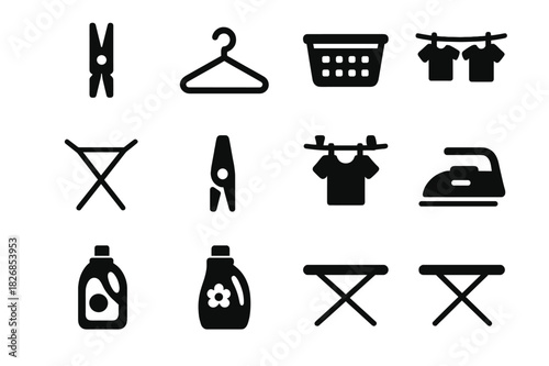 Laundry Icon Set. Folding Laundry. Line icon set of Folding Laundry: t-shirt, pants, socks, towel, laundry basket, hanger, ironing board, folded stack, washing