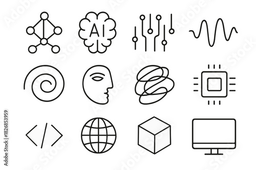 Neural Network Icons. Neural art networks. Line icon set of neural art networks: neural nodes, AI brain, circuit pattern, waveform, gradient swirl, artistic