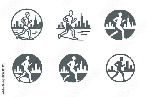 Jogging Logo Variations. A person jogging along the waterfront in the city, enjoying the view of the skyline. Icon set. Set Logo of a person jogging along the