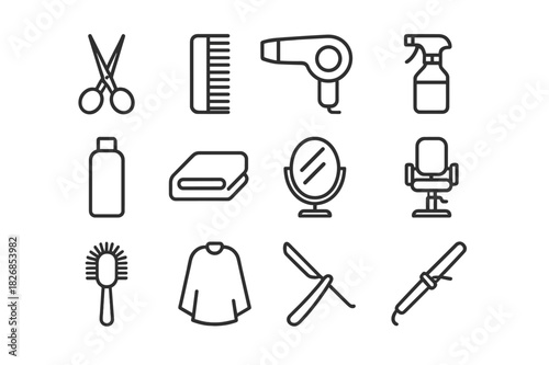 Hair Salon Icons. Hair salon. Line icon set of hair salon: salon chair, wash basin, hairdryer hood, mirror, trolley cart, hairbrush, scissors, comb, apron,