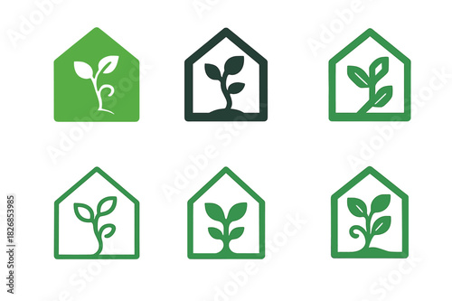 Greenhouse Logo Variations. Greenhouse farming. Icon set. Set Logo of greenhouse: greenhouse with growing vines. harmonious logo variations of the same
