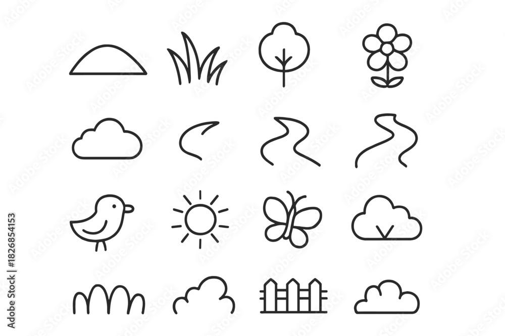 Obraz premium Meadow Icon Set. Meadow landscape. Line icon set of meadow landscape: hill, grass, tree, flower, cloud, river, path, fence, bird, sun, butterfly, bush. All