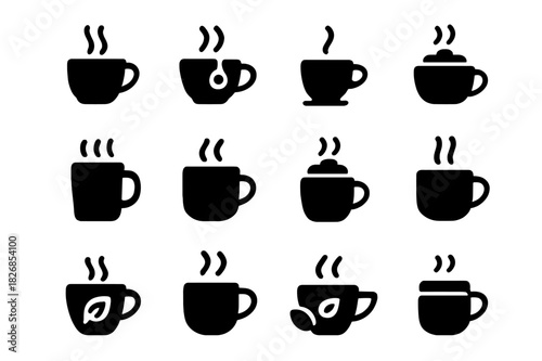 Hot Beverages Icons. Hot beverages. Solid icon set of Hot beverages: coffee, tea, espresso, cappuccino, latte, hot chocolate, mocha, americano, green tea,