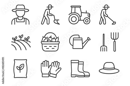 Farm Labor Icon Set. Farm Laborers. Line icon set of Farm Laborers: farmer with hat, plow, hoe, tractor, crop field, basket of produce, watering can,