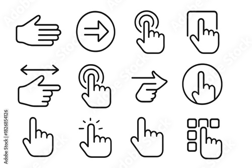 Push Gesture Icons. Push gesture. Line icon set of push gesture: hand forward, palm open, push symbol, touch gesture, screen press, hand with arrows, tap