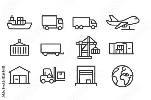 Freight Transport Icons. Freight Transportation. Line icon set of Freight Transportation: cargo ship, freight train, delivery truck, airplane cargo, shipping