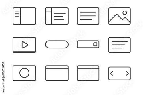 Website Icon Set. Website elements. Line icon set of website elements: navigation menu, sidebar, content block, image placeholder, video placeholder, button,