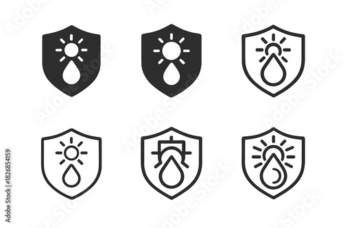 Skin Protection Icons. Skin and protection. Icon set. Set Logo of skin and protection: shield and sun rays. harmonious logo variations of the same emblematic