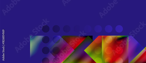 Abstract geometric shapes, vibrant colors, purple background. Circles overlap colorful triangles creating dynamic composition. Modern design.