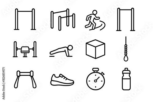 Outdoor Gym Icons. Outdoor gym. Line icon set of outdoor gym: pull-up bar, parallel bars, running track, stretching station, bench press, push-up area, jump