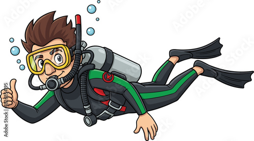 Smiling cartoon scuba diver man giving a thumbs up sign underwater with full gear, happy vector illustration of a male character enjoying diving adventure.