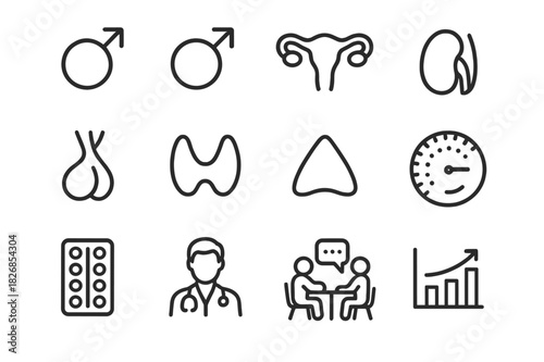Hormonal Health Icons. Hormonal Health. Line icon set of Hormonal Health: estrogen symbol, testosterone symbol, ovary, testis, pituitary gland, thyroid,