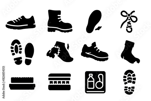 Worn Shoe Icons. Worn shoes. Solid icon set of worn shoes: old sneakers, boot, scuffed sole, shoelace, footprint, patch, torn fabric, heel, sock, polish brush,