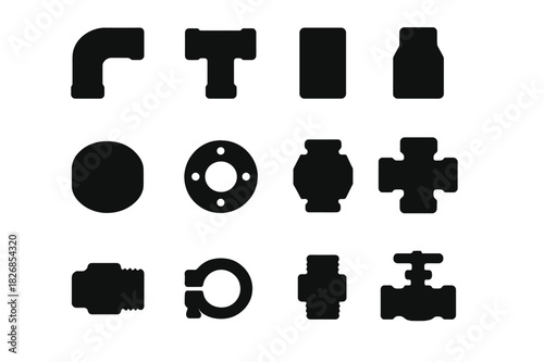 Plumbing Icon Set. Plumbing Connections. Solid icon set of elbow, T-joint, coupler, reducer, cap, flange, union, cross, adapter, clamp, nipple, valve. Filled