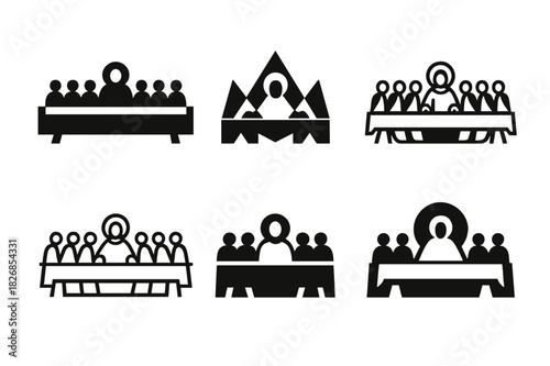 Diverse Last Supper Logos. Last Supper. Icon set. Set Logo of Last Supper: long table with central figure. harmonious logo variations of the same emblematic