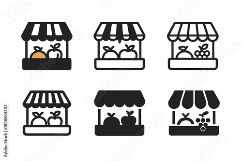 Fruit Stand Logos. produce display. Icon set. Set Logo of produce display: fruit stand canopy. harmonious logo variations of the same emblematic concept, each