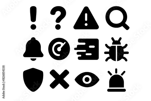 Alert Icons Collection. Unexpected Event. Solid icon set of exclamation mark, question mark, warning triangle, magnifying glass, alert bell, radar, glitch,
