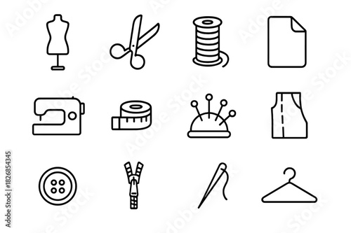 Tailoring Icon Set. Tailoring and fit. Line icon set of tailoring and fit: mannequin, scissors, thread, fabric, sewing machine, tape measure, pin cushion,