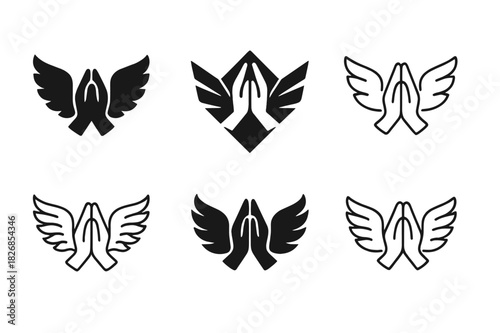 Catholic Prayer Icons. Catholic prayers. Icon set. Set Logo of Catholic prayers: angel wings. harmonious logo variations of the same emblematic concept, each