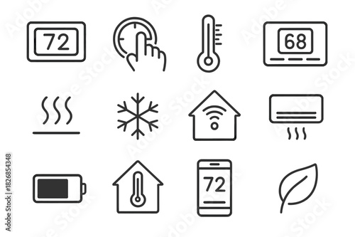 Thermostat Control Icons. Checking the Thermostat. Line icon set of Checking the Thermostat: thermostat display, hand adjusting dial, temperature scale,