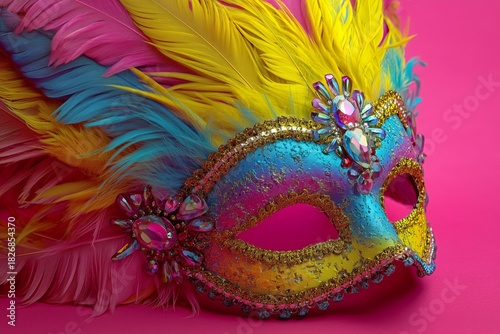 Colorful Feathered Mask Displayed on a Bright Pink Background in a Festive Se...