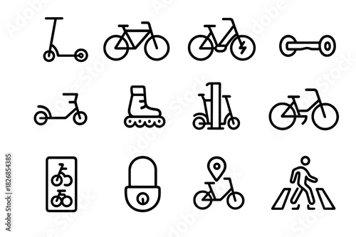Micromobility Icon Set. Micromobility. Line icon set of micromobility: electric scooter, bicycle, electric bike, skateboard, hoverboard,