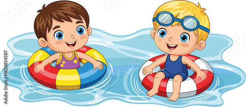 Two Happy Children Floating in Swimming Pool Water Using Colorful Life Buoy Rings, Enjoying Summer Vacation and Aquatic Fun Vector Illustration.