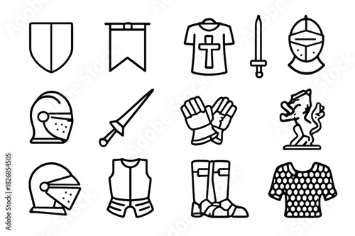 Knight Heraldry Icons. Knight Heraldry. Line icon set of Knight Heraldry: shield, banner, tabard, sword, helmet, lance, gauntlets, crest, visor,