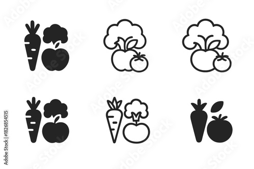 Raw Food Logo Variations. Raw. Icon set. Set Logo of raw: unprocessed fruits and vegetables. harmonious logo variations of the same emblematic concept, each
