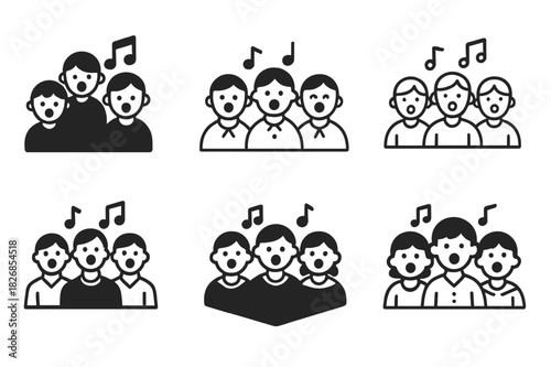 School Choir Logos. Singing for musical productions in schools. Icon set. Set Logo of singing for musical productions in schools: Children singing in harmony.