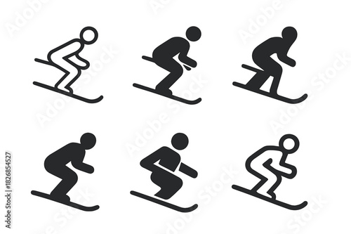 Ski Emblem Icons. Skiing or snowboarding down a snowy mountain slope. Icon set. Set Logo of skier silhouette cluster. harmonious logo variations of the same