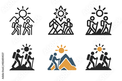 Mountain Hiking Logos. People hiking in the mountains on a warm day. Icon set. Set Logo of hiking: hikers under bright sun. harmonious logo variations of the