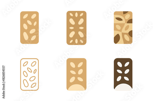 Granola Bar Logos. Granola bars. Icon set. Set Logo of granola bars: bar with nuts and oats. harmonious logo variations of the same emblematic concept, each