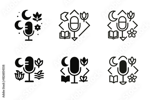 Storytelling Night Icons. Cultural storytelling nights. Icon set. Set Logo of storytelling nights: microphone and cultural symbols. harmonious logo variations