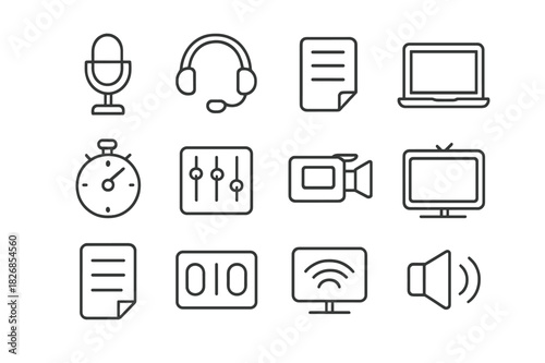 Broadcast Icons Set. Commentary Team. Line icon set of Commentary Team: microphone, headset, script, laptop, timer, soundboard, camera, TV monitor, notes,