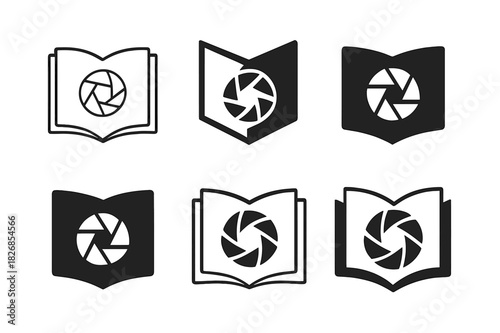 Magazine Logo Variations. Magazine photography. Icon set. Set Logo of magazine photography: open magazine with shutter symbol. harmonious logo variations of