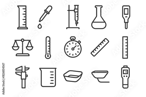 Essential Measurement Tools. Measurement tools. Line icon set of measurement tools: graduated cylinder, pipette, burette, volumetric flask, balance scale,