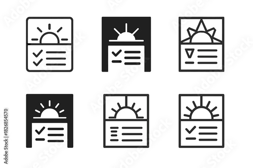 Morning Routine Icons. Morning routine checklist. Icon set. Set Logo of morning routine checklist: sunrise over window. harmonious logo variations of the same
