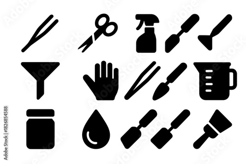 Terrarium Tools Icons. Terrarium tools. Solid icon set of Terrarium tools: tongs, scissors, spray bottle, small shovel, funnel, hand icon, tweezers, measuring