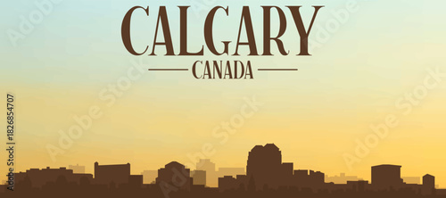 Panoramic poster of the city skyline with misty background buildings, hills sunrise, sunset and clouds of CALGARY, CANADA