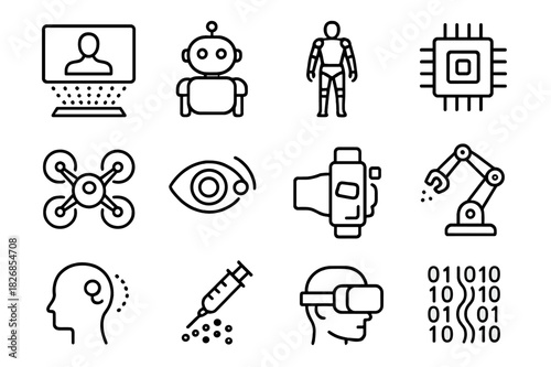 Futuristic Tech Icons. Futuristic Technology. Line icon set of Futuristic Technology: holographic screen, robotic assistant, exosuit, AI chip, drone,