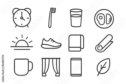 Morning Routine Icons. Early morning routine. Line icon set of early morning routine: alarm clock, toothbrush, water glass, breakfast plate, sunrise, shoe,