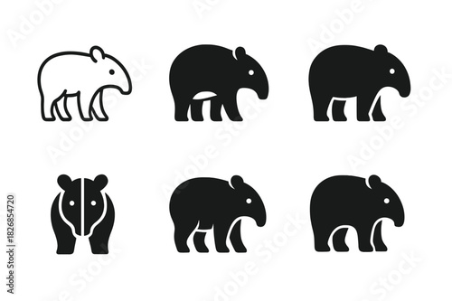 Tapir Logo Variations. Rainforest animals. Icon set. Set Logo of tapir. harmonious logo variations of the same emblematic concept (Minimal outline, Negative
