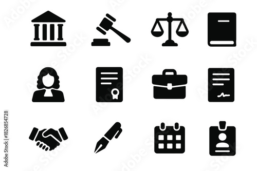 Justice Icons Grid. Justice system. Solid icon set of justice system: courthouse, gavel, scales, law book, judge, document, briefcase, contract, handshake,