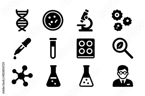 Biology Experiment Icons. Biology experiments. Solid icon set of Biology experiments: DNA strand, petri dish, microscope, cells, pipette, test tube, culture