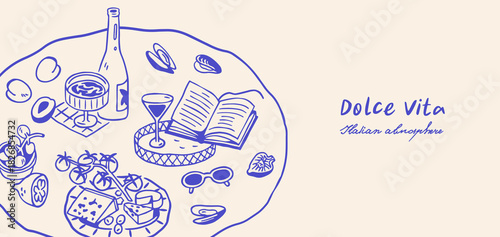 Dolce Vita banner with Italian food doodle drawing. Italy background design with Mediterranian snacks and drinks, cheese, wine, lemon on table in handdrawn sketch style. Hand-drawn vector illustration