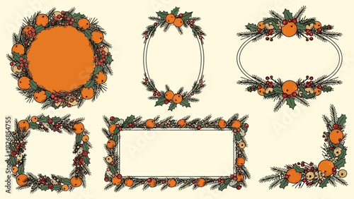 Festive Christmas Wreath and Border Collection Featuring Oranges, Berries, and Pine Sprigs