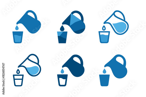 Hydration Icon Set. Drinking enough water. Icon set. Set Logo of hydration: pitcher pouring water. harmonious logo variations of the same emblematic concept,