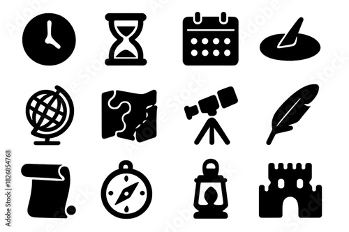 Chronology Icon Set. Chronological exploration. Solid icon set of Chronological exploration: clock, hourglass, calendar, sundial, globe, map, telescope, quill,